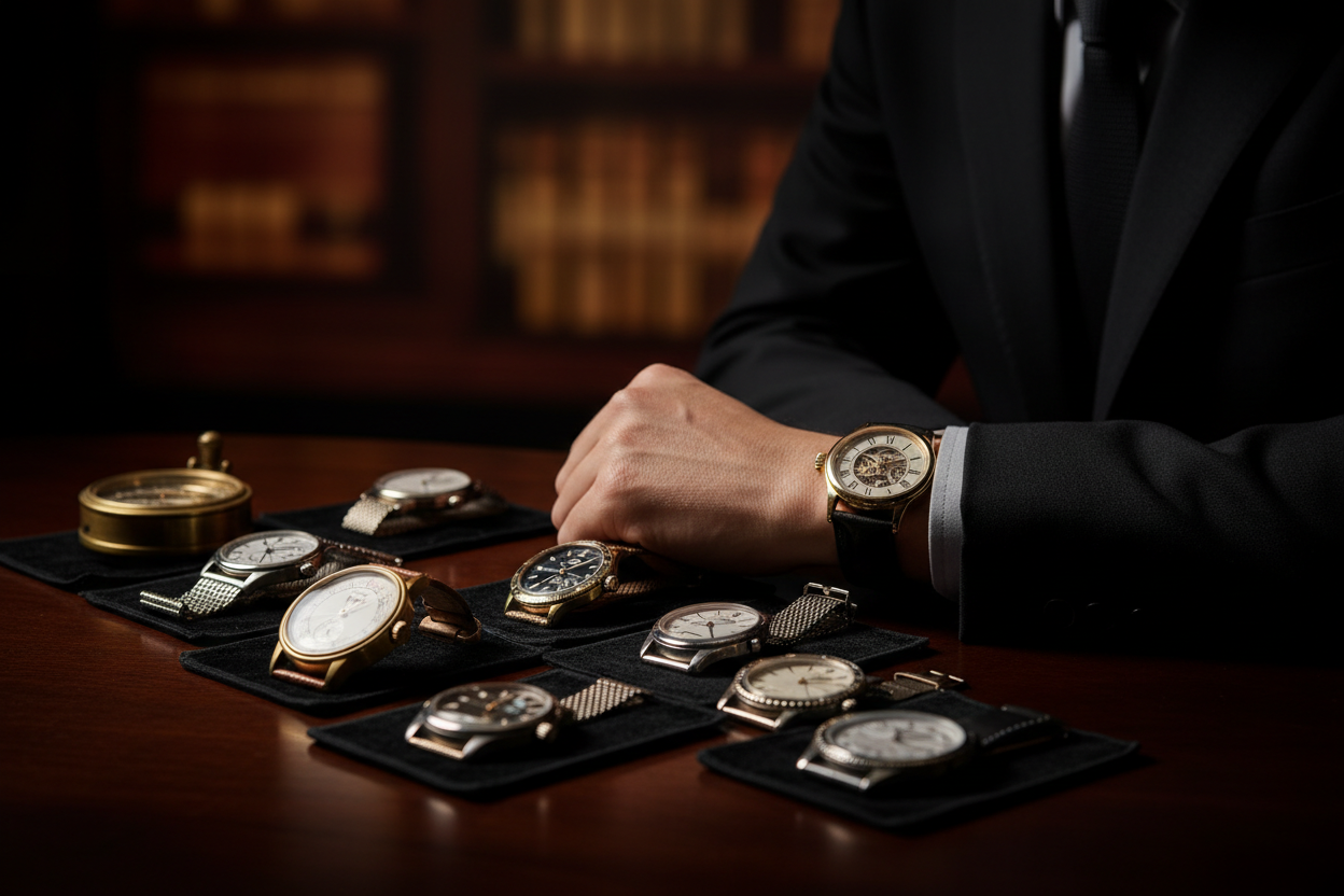 Photo réaliste et sombre d’une personne assise à une table en bois, portant une montre élégante au poignet. Sur la table, plusieurs montres classiques sont soigneusement disposées. Éclairage faible et dramatique, lumière latérale douce créant des reflets sur le verre des montres. Atmosphère luxueuse et mystérieuse, fond flou, profondeur de champ faible, style photographie cinématographique, haute résolution, détails nets.